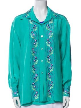 Diane Von Furstenberg Teal Embroidered Button-Front Shirt 100% silk
